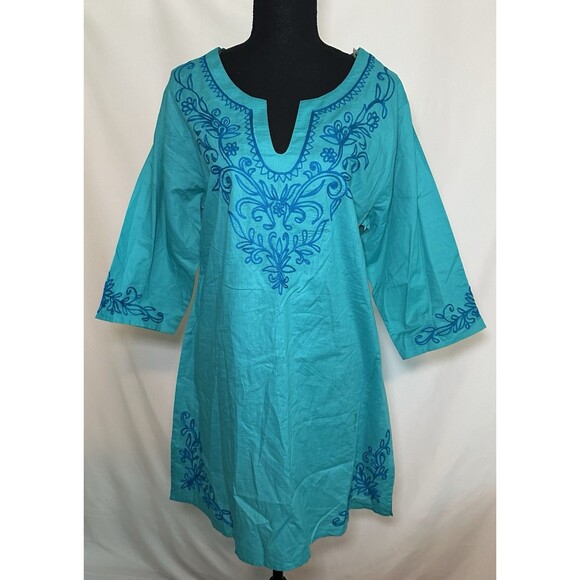 Chances R Blue Embroidered‎ 3/4 Sleeve Cotton Tunic Blouse Resort Wear Women's - Picture 2 of 15